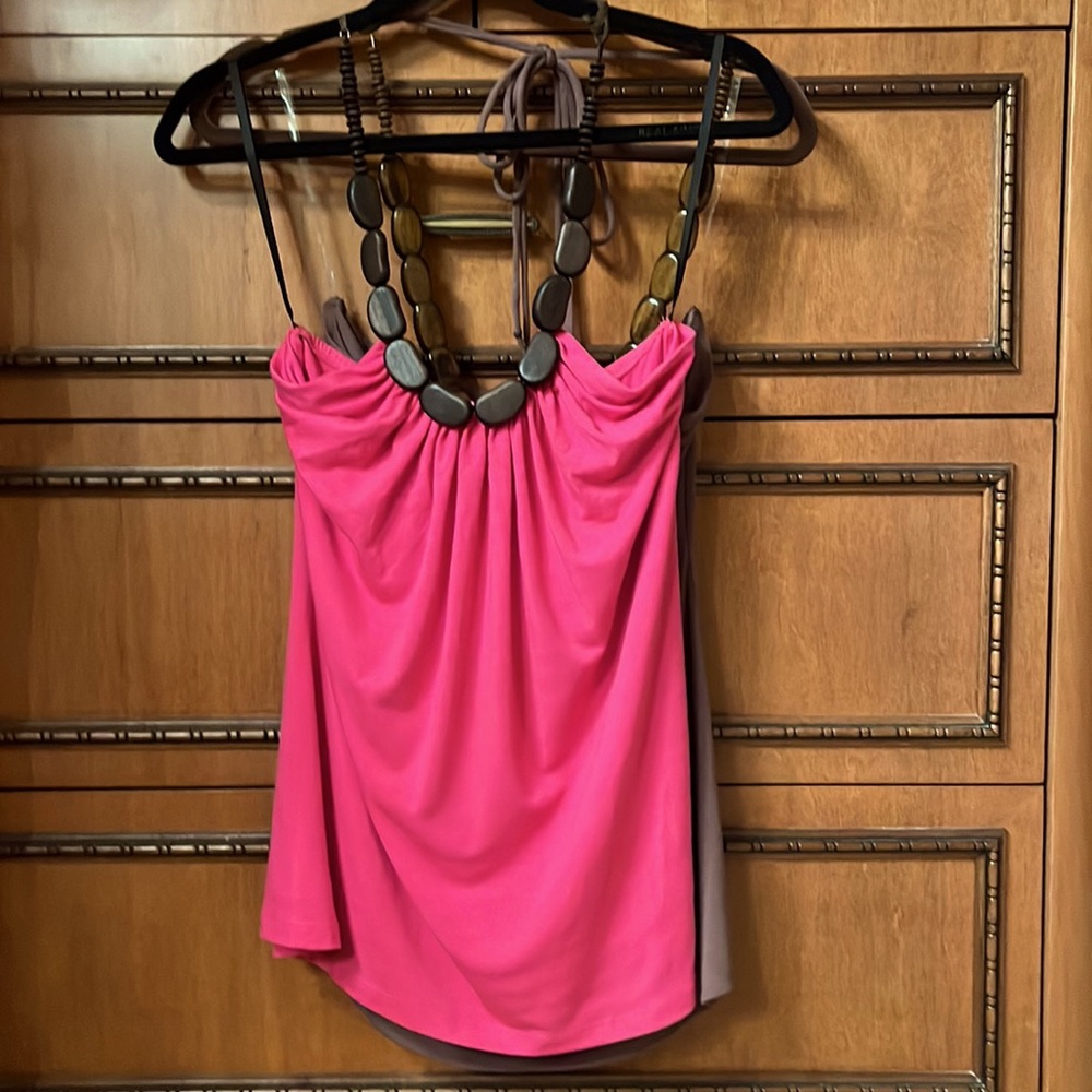 Brown & Hot Pink halter tops with wood beaded neck tie❤️❤️ TWO 4 ONE❤️ - Picture 3 of 6